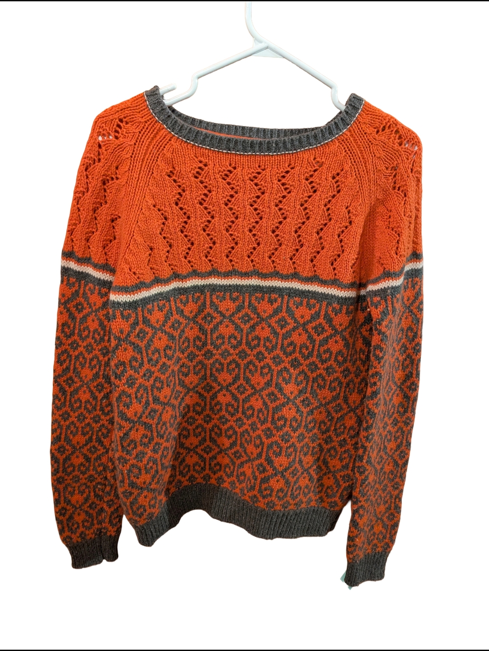 twik Orange and Gray Patterned Crewneck Sweater